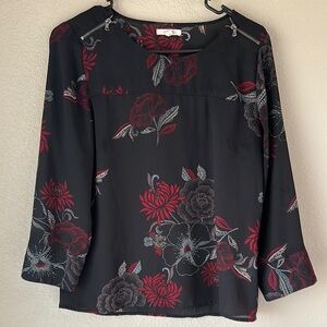 Maurices Black Floral Blouse | Red & Grey Print Detail